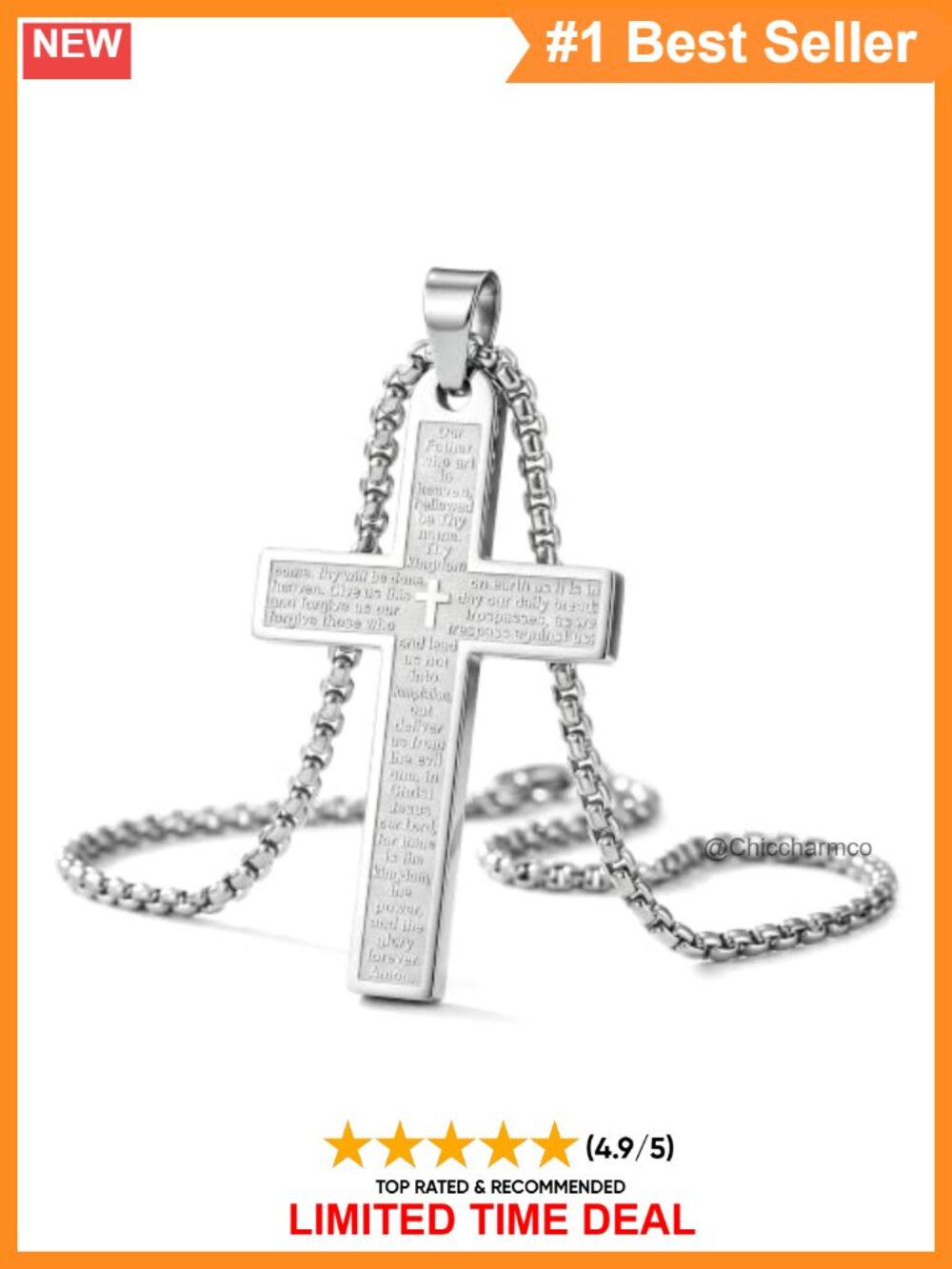 Stainless Steel Lord's Prayer Cross Necklace 24" Box Chain Christian Pendant